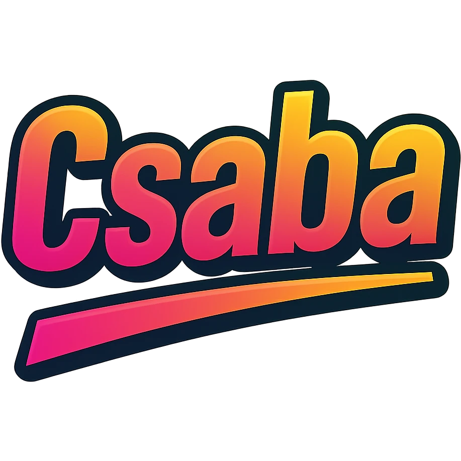 The name 'Csaba' in a modern, colorful gradient font with a dark outline, transparent background, with the name underlined or partially underlined with a dynamic, slanted underline, in the style of the sample images. emoji