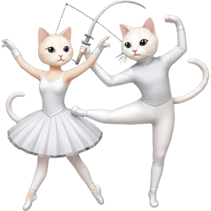 A white female cat doing ballet and a black male cat doing fencing emoji