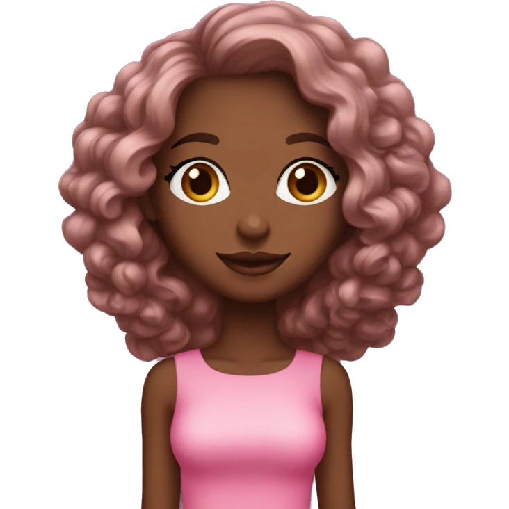 Mulher de cabelos cacheados cor de chocolate, vestido rosa e brincos de argola emoji