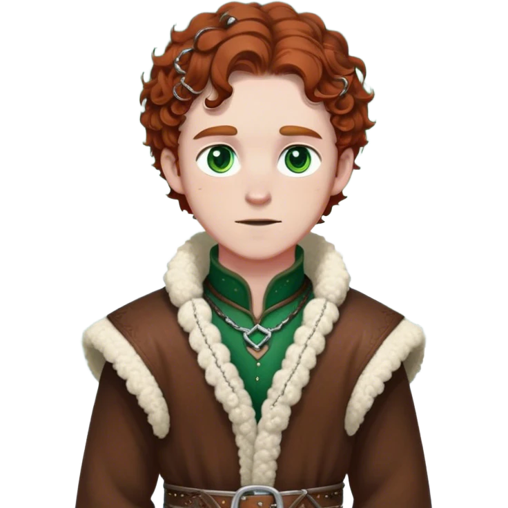 Medieval winter outfit worn by a DnD themed fantasy male character. Rich brown leather-trimmed wool tunic with sheepskin lining, featuring intricate metal buckles at the collar, paired with a heavy braided belt. Clothes only above the waist, full waist coverage. The character has no arms. Character is white-skinned with auburn hair, emerald green eyes, and short curly hair beneath a light dusting of snow. emoji