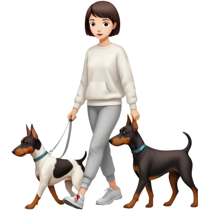 Beautiful short-haired girl in a white sweatshirt walking her Doberman emoji