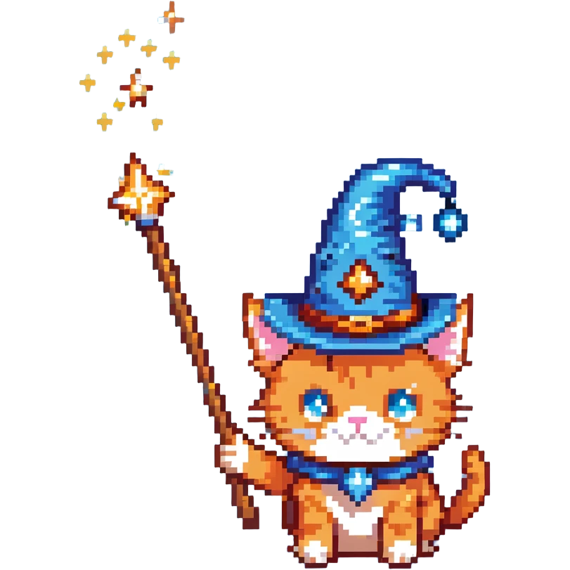 Orange cat with wizard hat and magic wand with sparkles emoji