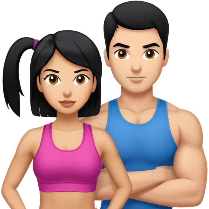 Une femme coach fitness qui coach une autre femme. La coach fitness doit avoir les cheveux noir emoji