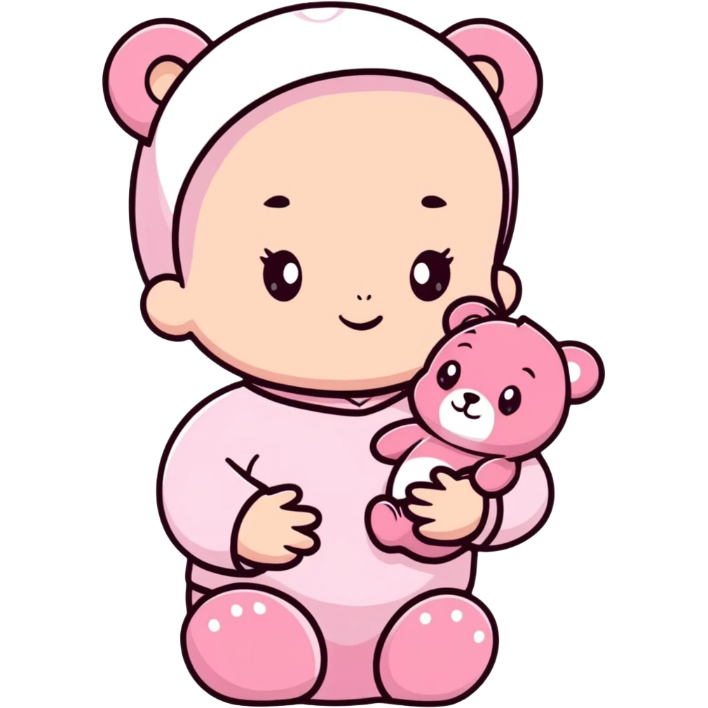 adorable baby in pastel pink outfit with pink teddy bear emoji
