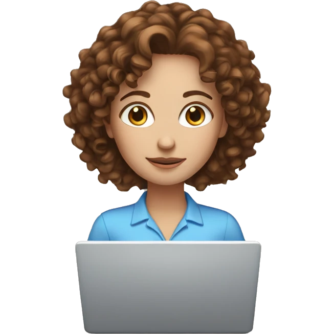 White women with the brown curly hair and blue eyes work at the laptop  emoji