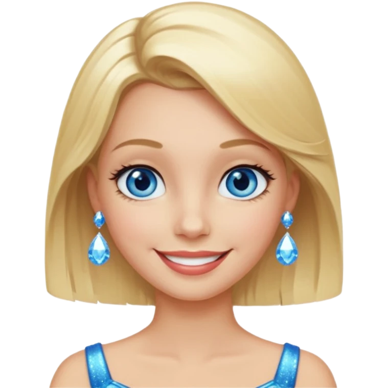 make this real, blond, below shoulder, blue eyes, 50s, sparkle in the eyes, fun, smile, no earings, relaxed style emoji
