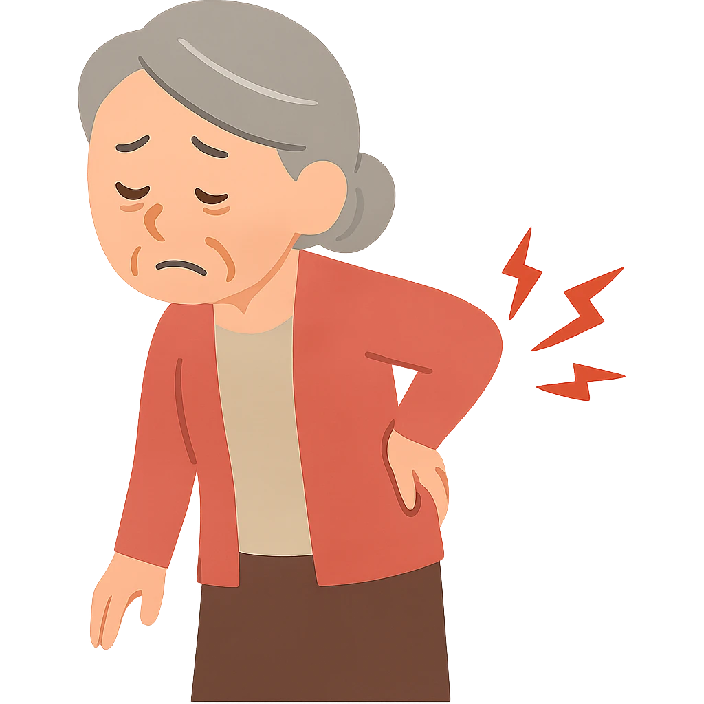 flat toon style elderly woman with hand on back, pain lines, no text emoji