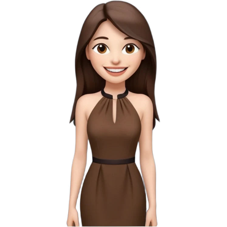 emoji-style illustration of a stylish pretty big smile woman with long straight brown hair, wearing a dark halter neck dress, elegant and minimalistic look, front-facing, soft 3D cartoon rendering, plain background emoji