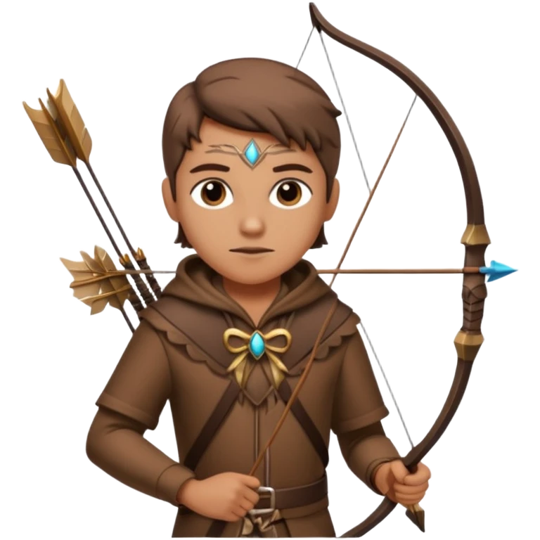 The classic hunter figure with a bow and arrow on his back, dressed in brown clothes and adorned with animal decorations emoji