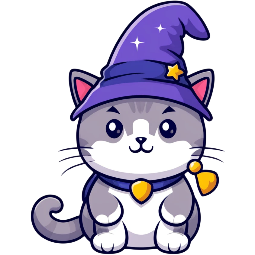 cute magical cat with wizard hat and sparkles emoji