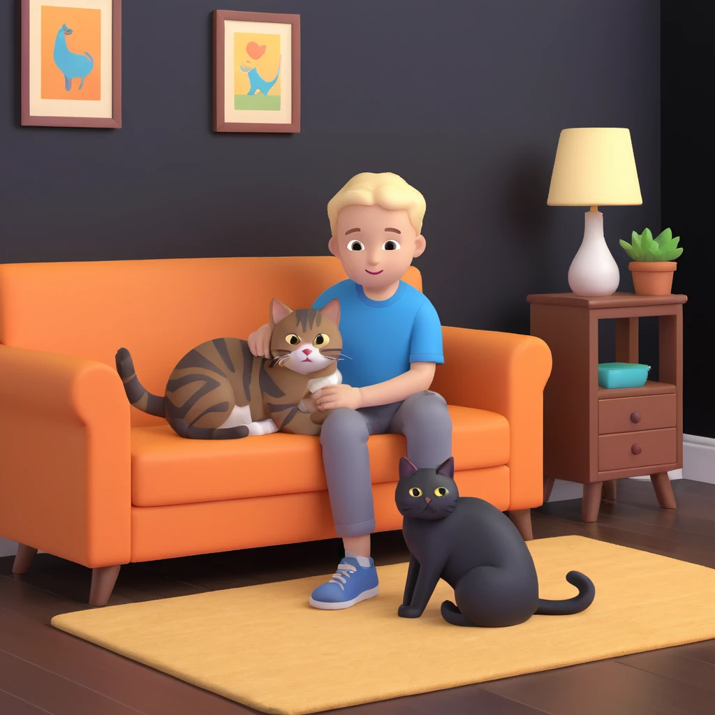 boy and cat pet, living room background emoji