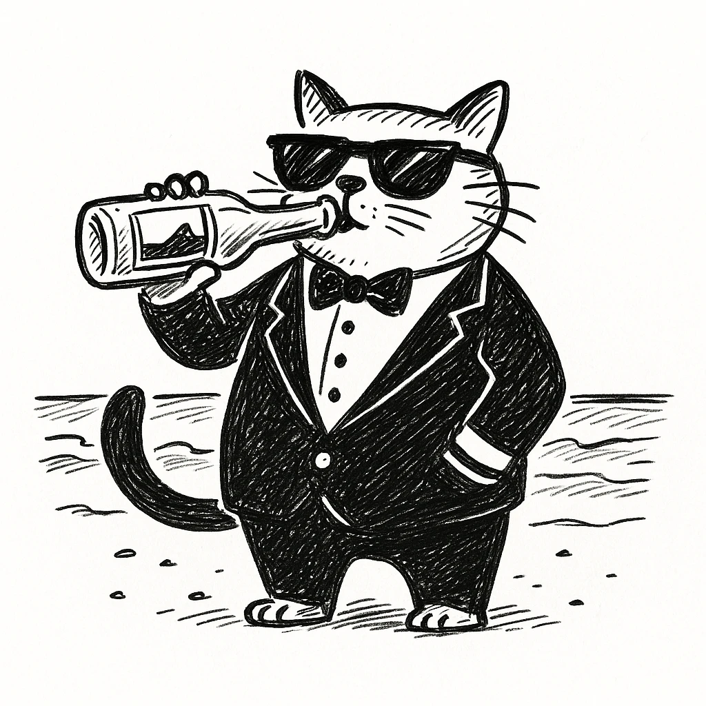 Add sunglasses to the cat in a tuxedo drinking beer on the beach in doodle style, hand drawn and sketchy with playful lines and details. emoji