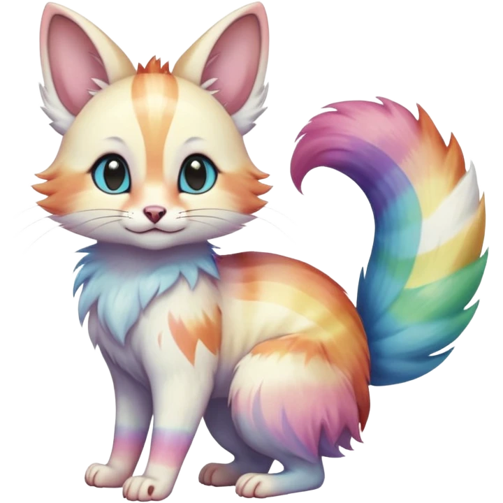  Realistic cute adorable pastel-iridescence-gradients albino fur with random colorful iridescent rainbow markings beautiful elegant pretty precious cute  Fakémon-Pokémon-opossum-feline-serval-caracal-chinchilla-Minccino-hybrid-creature with a big fluffy bushy striped tail (full body) emoji