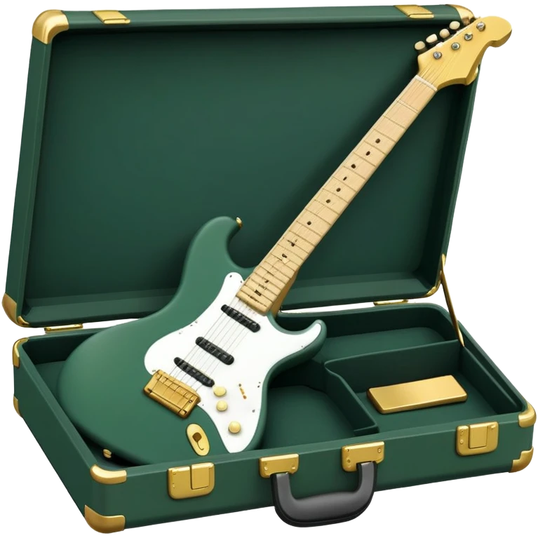 minimalist electric guitar in dark green, closed inside a black rectangular hard case with gold latches, soft matte textures, simplified details, compact artistic look emoji