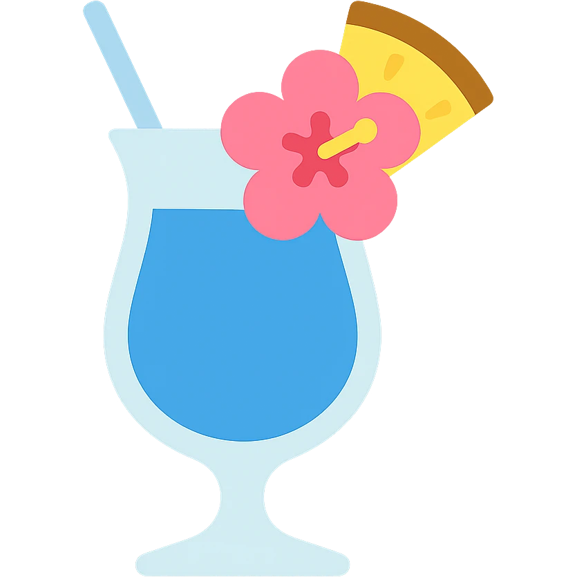 blue tropical cocktail with hibiscus and pineapple garnish emoji