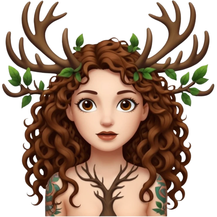 woman with long curly brown hair, brown eyes, white skin, tattoos, tree branches forming antlers above her emoji