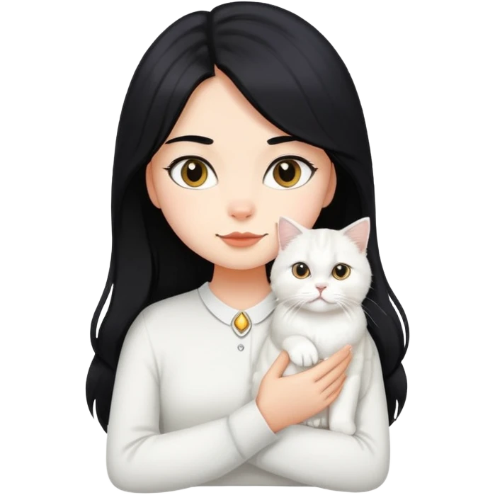 black hair girl with British Longhair white cat emoji