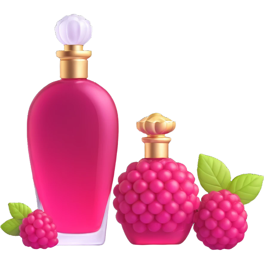 AVON women's perfume bottle next to a raspberry-shaped bottle emoji