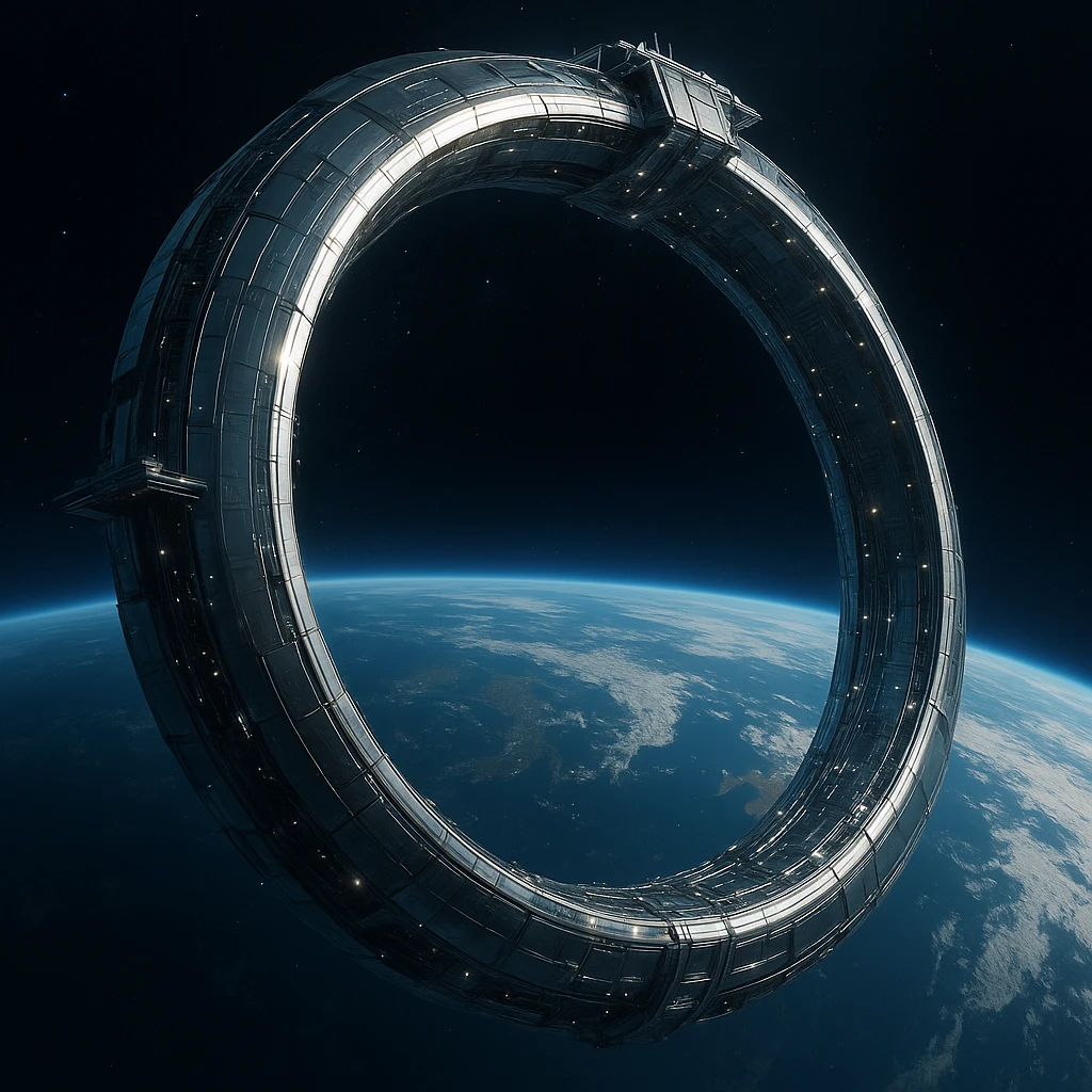 Elysium space station, futuristic, massive ring structure, orbiting Earth, gleaming metal, advanced sci-fi design emoji