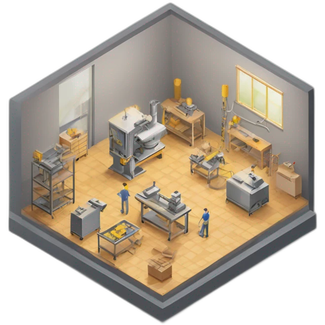 isometric square transparent solid outline border containing indoor creative workshop handmade factory three people actively working cnc machine tools vacuum simple clean industrial emoji
