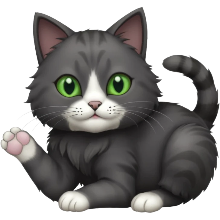 solid dark grey cat with green eyes, completely solid grey face, white toes/paws playfully rolling upside down emoji