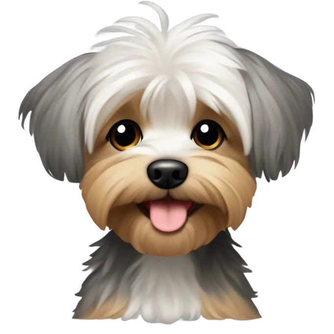 yorkie bichon mix. dog with grey and tan messy fur. dark brown eyes, mouth closed.  emoji
