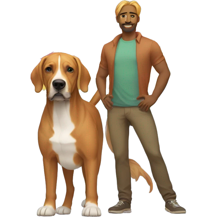 white male with long rainbow colored hair standing alongside a brown rhodesian ridgeback dog emoji