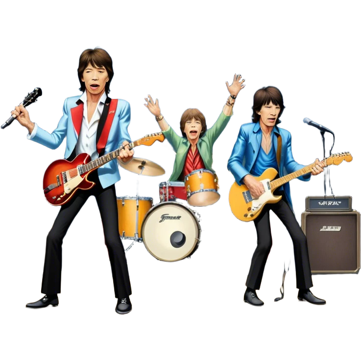 Icon for Rock Music: The Rolling Stones live on stage with Mick Jagger performing vocals, Keith Richards playing guitar, and Charlie Watts on drums. Iconic stage lights, electric guitars, and energetic crowd. Transparent background. emoji