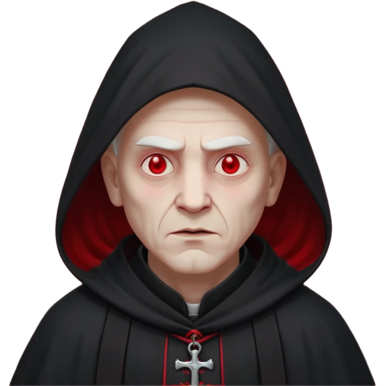 cursed village priest portrait, head and shoulders only, dark hooded robe, mysterious expression, subtle red accents, eerie glow, gothic village atmosphere, 3D cartoon, mobile game icon style, clean background, no text, no watermark

 emoji