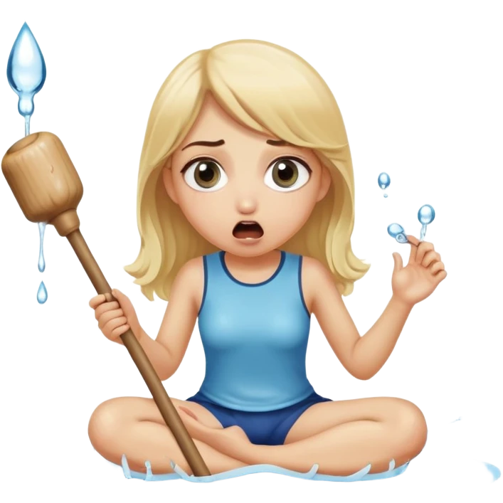 blond woman sitting on her knees with wide eyes, holding a wide skin-colored stick with a D-shaped knob, the stick has skin texture, water squirting from the knob into her mouth, shocked face emoji