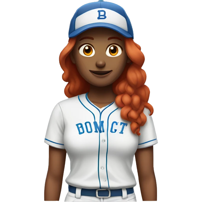front facing, standing female coach with long red hair, wearing a white t-shirt and a simple blue baseball hat emoji