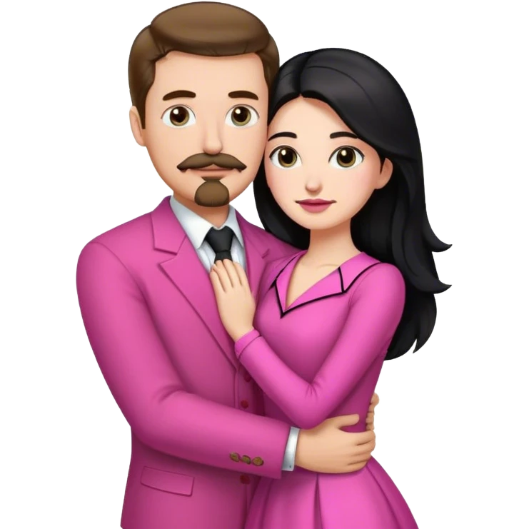 tall white man with brown hair goatee mustache hugging a pale woman with long black hair, wearing pink formal clothing emoji