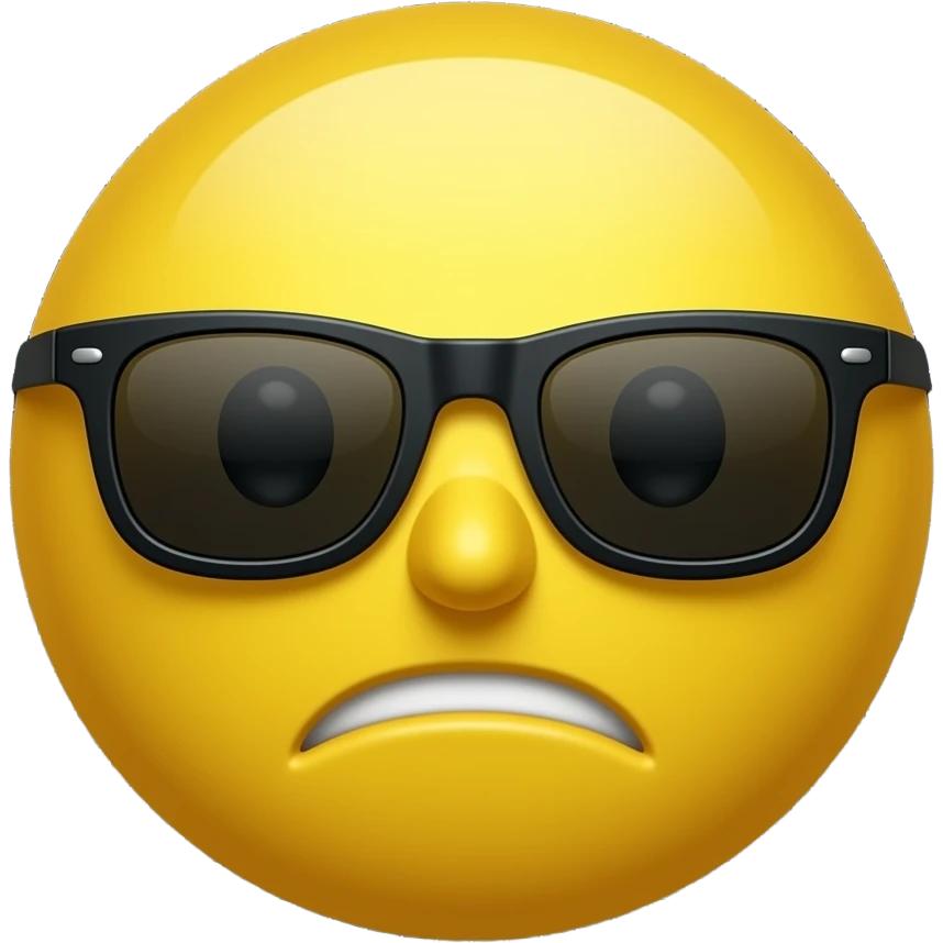 Emoji de cara redonda amarilla con gafas de sol oscuras patillas de anteojos normales, la luz se refleja en su superficie, el fondo de cuadrícula permanece estático. que el fondo sea negro expresion que de miedo emoji