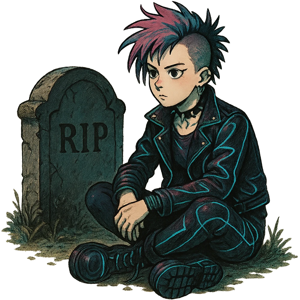  [[[a lonesome tombstone in a graveyard]]], , punk gothic style, futuristic cyberwave cyberpunk, sitting position
 emoji