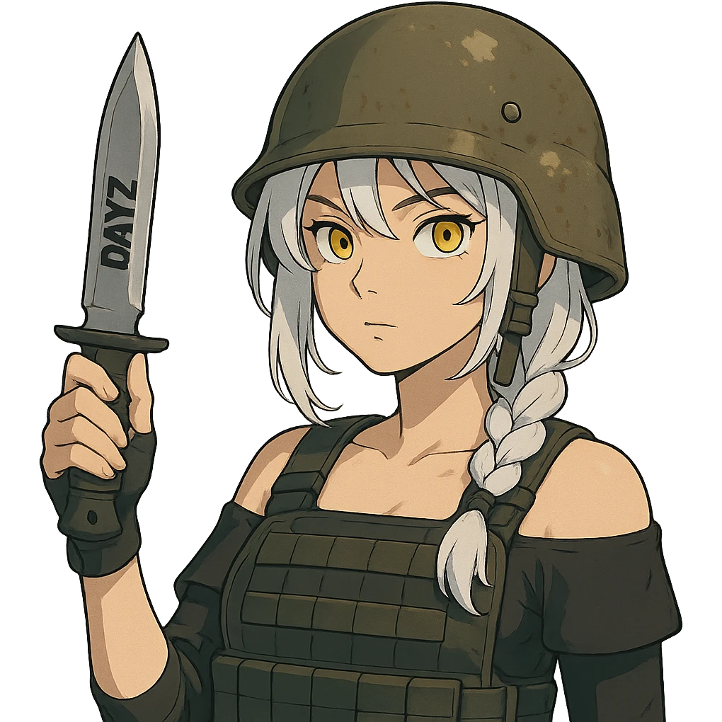  a closeup portrait of young woman with gold yellow eyes, white hair, long braid, black off-shoulder top d-cup, punk gothic style, futuristic cyberwave cyberpunk,  she has a plate carrier armor vest , and a old-style steel bulletproof combat helmet.  holding up a DAYZ combat knife emoji