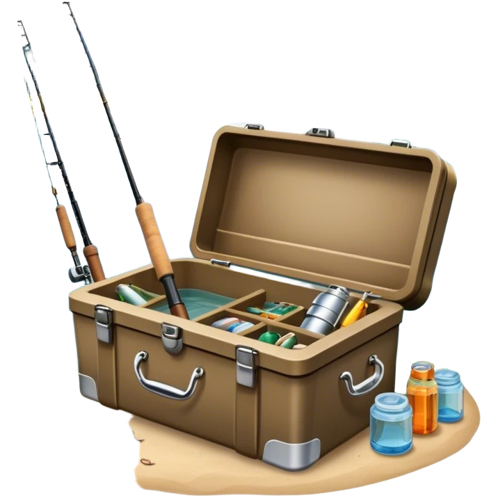 Icon for Fishing: a boat on the shore of a peaceful water body with a beautiful natural landscape, a fishing tackle box, a spinning rod. The icon should capture the tranquility and gear of a fishing adventure. Without frame. Transparent background. emoji