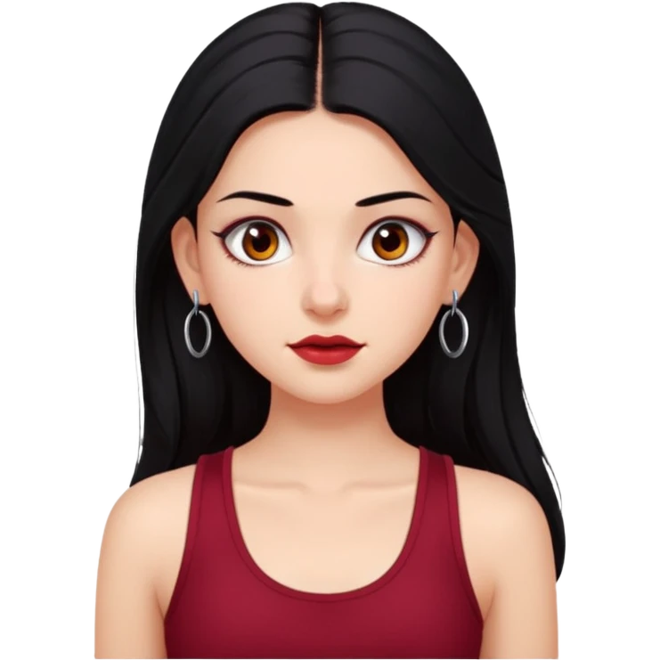 a pretty bratz fair girl with long black hair, kajal under eyes, small silver hoop. Dark cherry red tank top on.  emoji