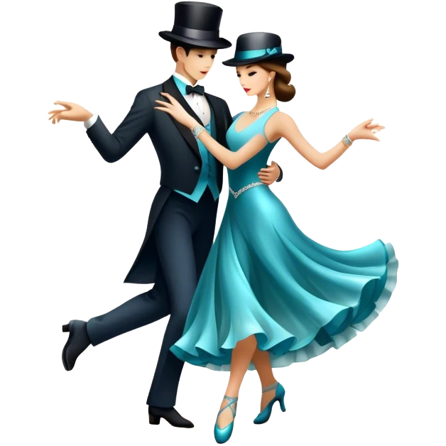 Icon for Ballroom Dancing: a pair of elegant dance shoes, a flowing dress, a top hat, and a dance floor spotlight. The icon should represent the elegance and atmosphere of ballroom dance, focusing on the iconic dance elements. Transparent background. emoji