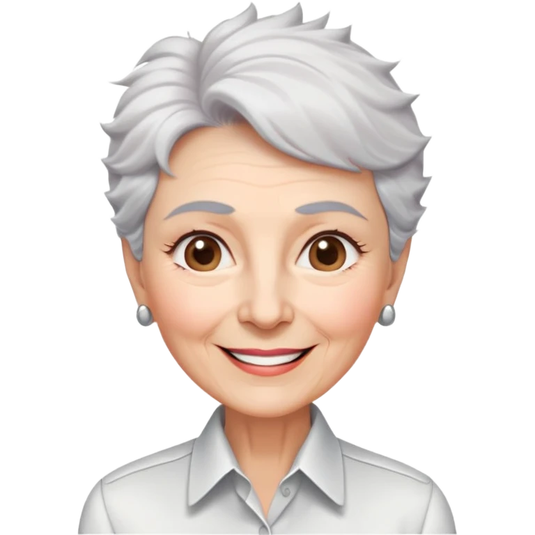 Senior version of Marian Pabón with defined facial structure, light pinkish skin showing age, almond eyes, arched eyebrows, charismatic wide smile, short spiky white-gray hair, more pronounced aging features, wearing a formal white buttoned shirt emoji