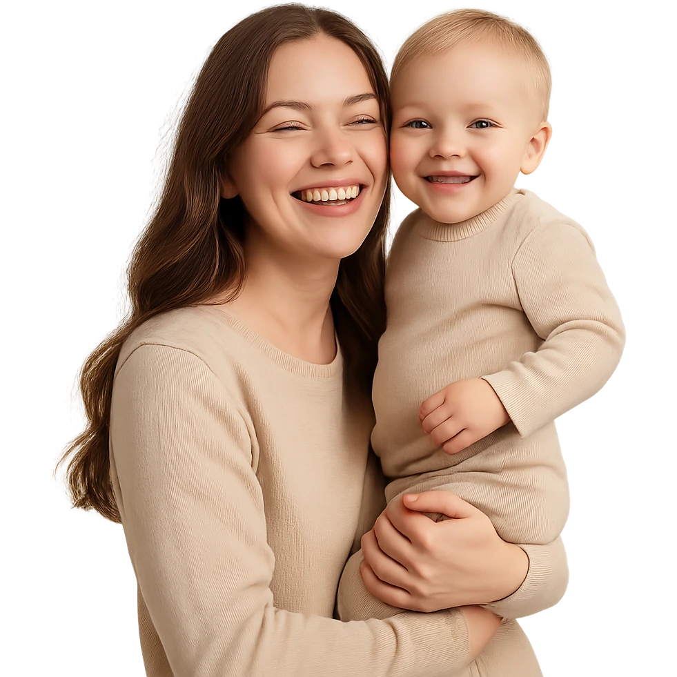 A happy mother with a child in beige clothes emoji
