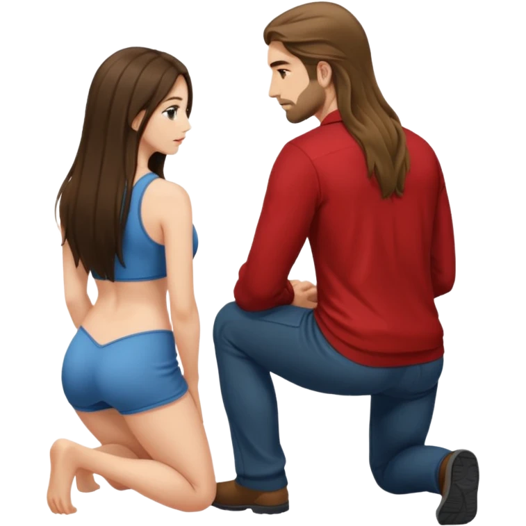 A woman facing towards a man only showing her back and she kneels down emoji