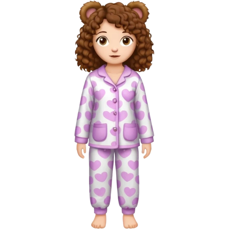 Grown up Woman with brown eyes, brown curly hair, white skin, full body in cute pijama bear emoji