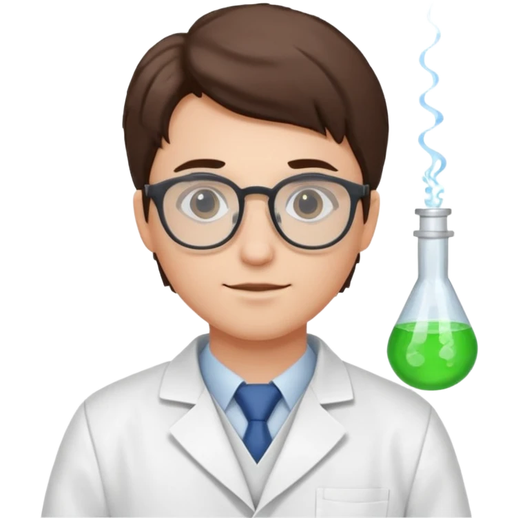Portrait of a young scientist wearing a white lab coat, glasses emoji