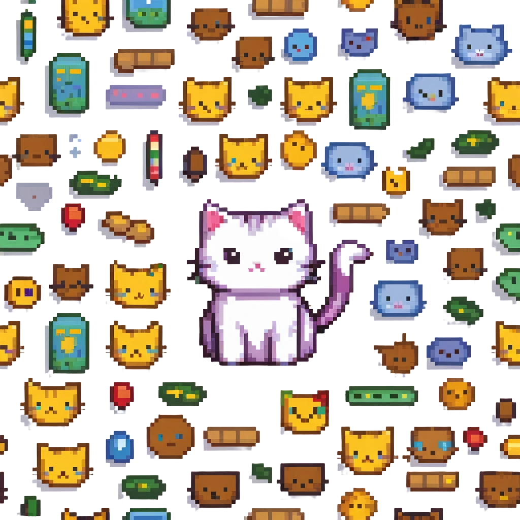 pixel art kitty surrounded by emoji sketches, playful scene emoji