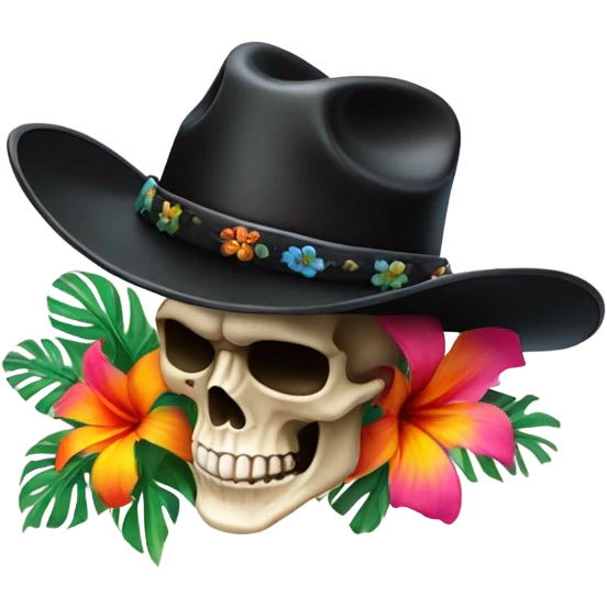 Realistic side view of a skull in a black cowboy hat on decorated with tropical flowers. emoji