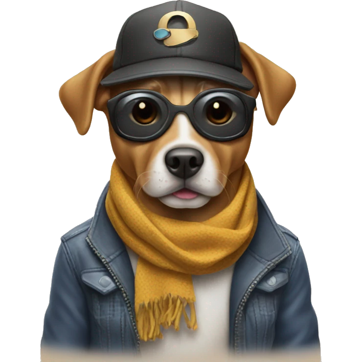 A dog wearing a scarf with a hat with some sunglasses with some goggles and with some pop pouches emoji