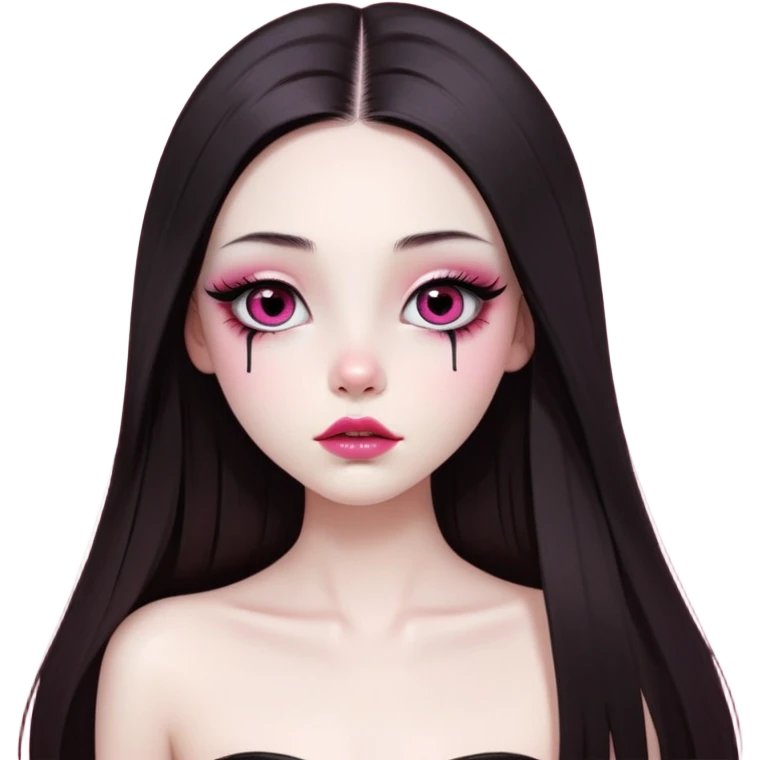 girl with white skin, dark brown long realistic straight hair with middle part prominently falling in front of her body over her shoulders, lips with reddish-pink shiny lip gloss and absolutely no cupid's bow, big round eyes with very black shiny eyeballs and long eyelashes, light pink blush on cheeks, no eyeshadow, lighter button nose, exceptionally elongated very long oval-shaped face, wearing a pink off-shoulder top, looking directly at camera with hands down at sides emoji