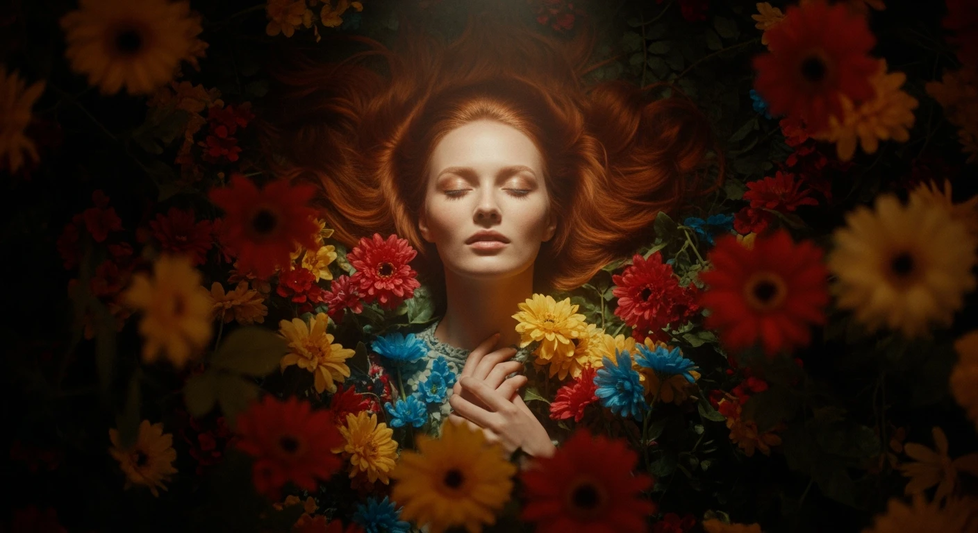 Camera drom top, Motion blur Extreme Closeup photo of a beautifull woman lay around beautifull colorfull flowers, cinematic light, 8K, very detailed, sharp, depth (foreground, midground, background) Spotlight, dark environemnt emoji