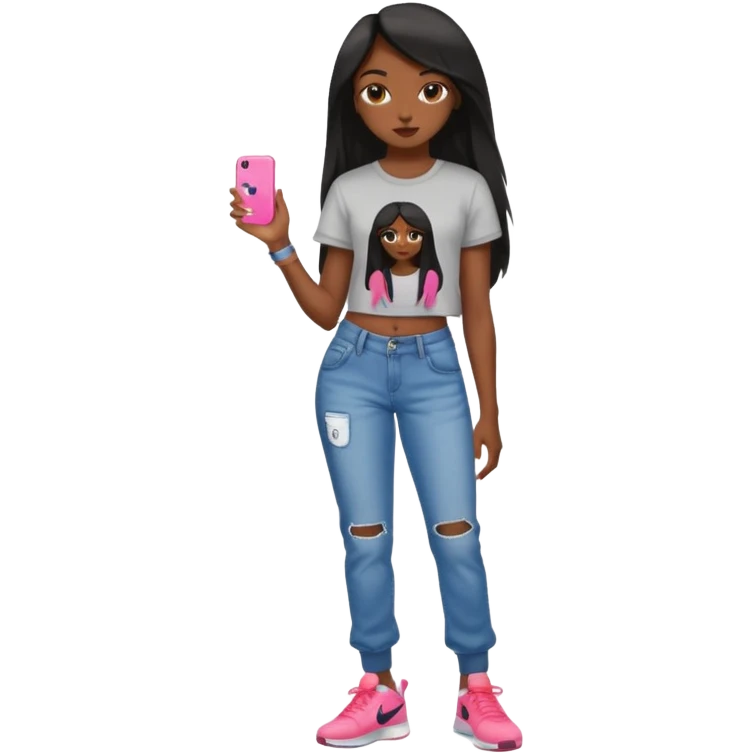 face girl with nails and cute make up black girl strait hair super long  top and slim body and baggy jeans and nike choes emoji