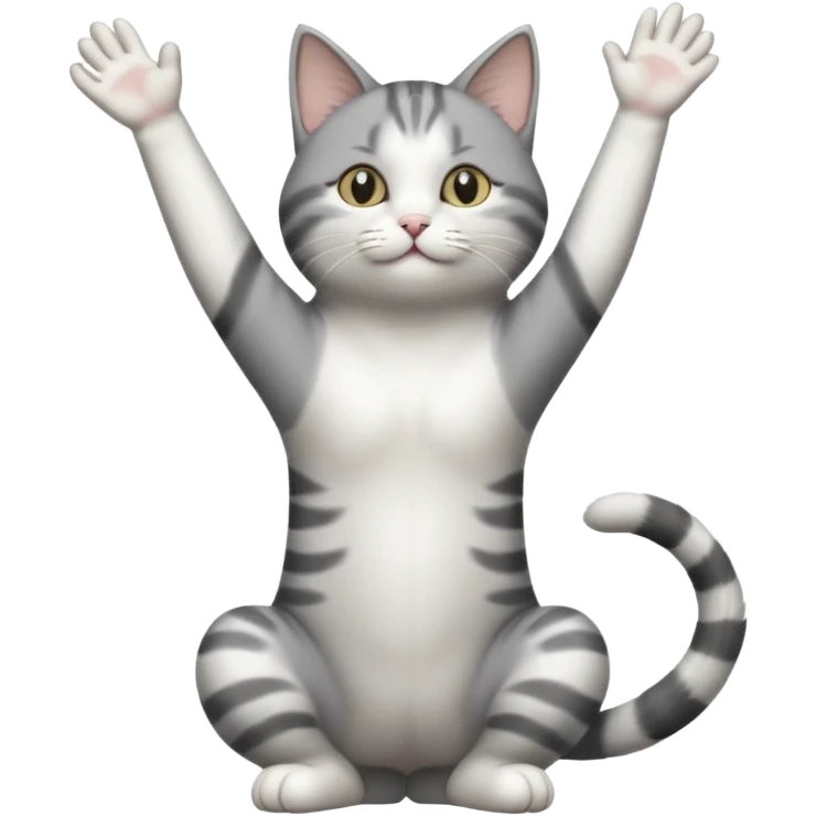 grey and white cat doing a big long stretch reaching up into the air with arms and legs side by side together emoji